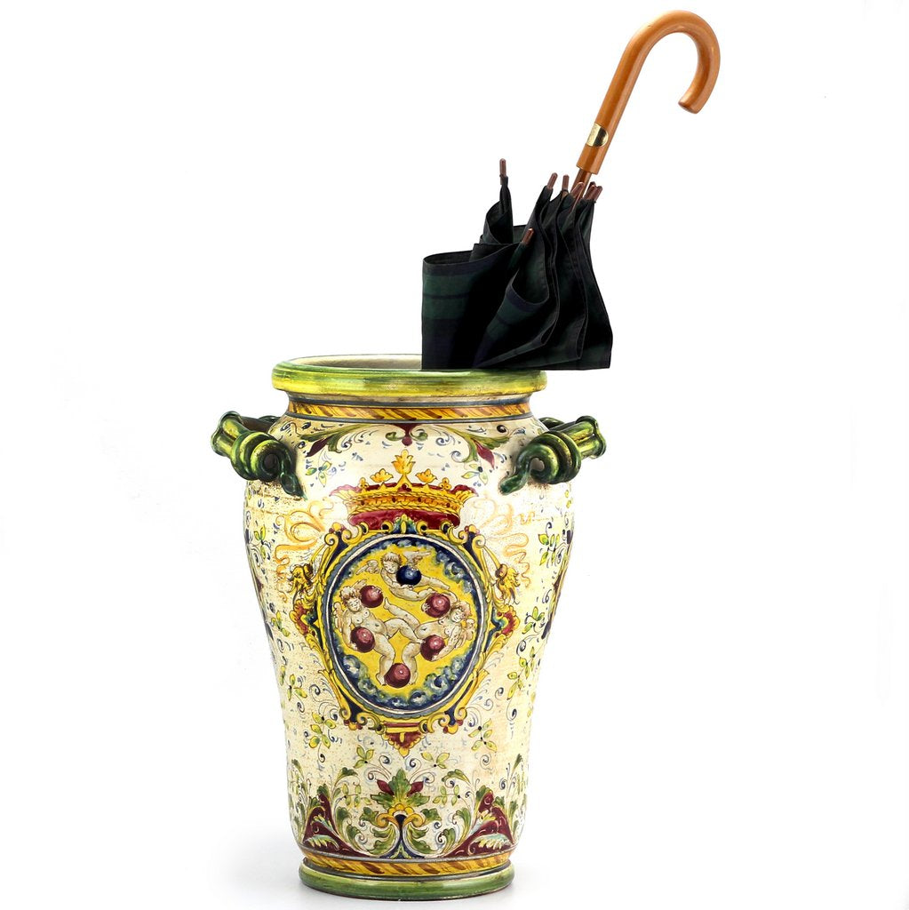 MAJOLICA MEDICI: Large Vase Umbrella Stand with two handles and DeMedici Crest - tops-selection.shop