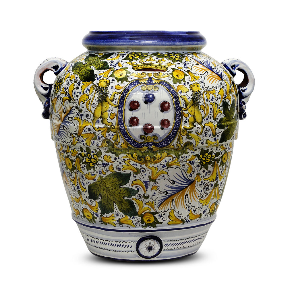 MAJOLICA CAFFAGIOLO: Extra Large Tuscan Orcio with Medici Crest - tops-selection.shop