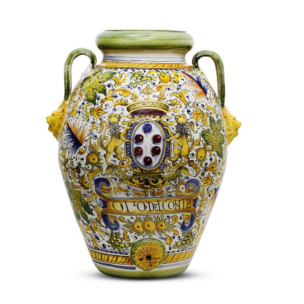 MAJOLICA CAFFAGIOLO: Extra Large Tuscan Orcio with Medici Crest + Lions - tops-selection.shop