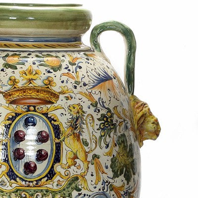 MAJOLICA CAFFAGIOLO: Extra Large Tuscan Orcio with Medici Crest + Lions - tops-selection.shop