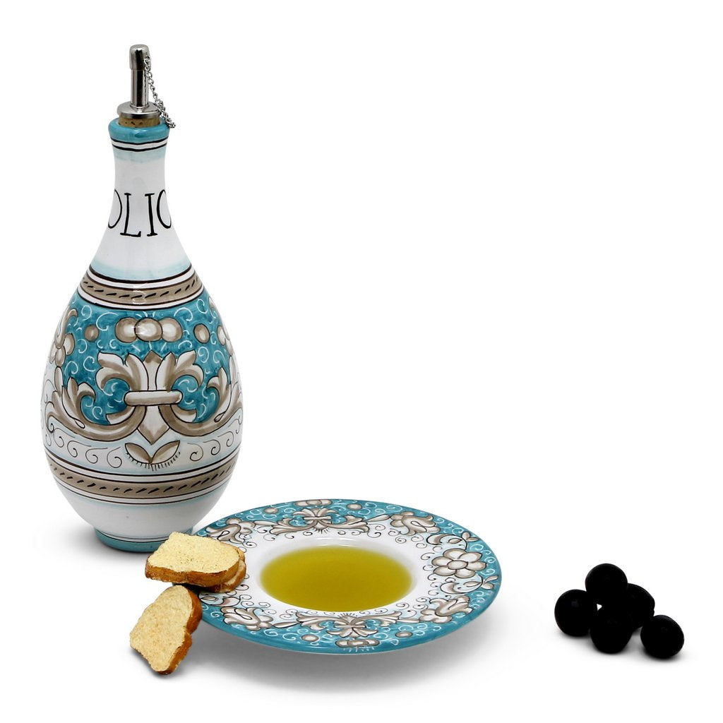 DERUTA COLORI: Traditional Olive Oil Bottle with pourer AQUA/TEAL Color - tops-selection.shop