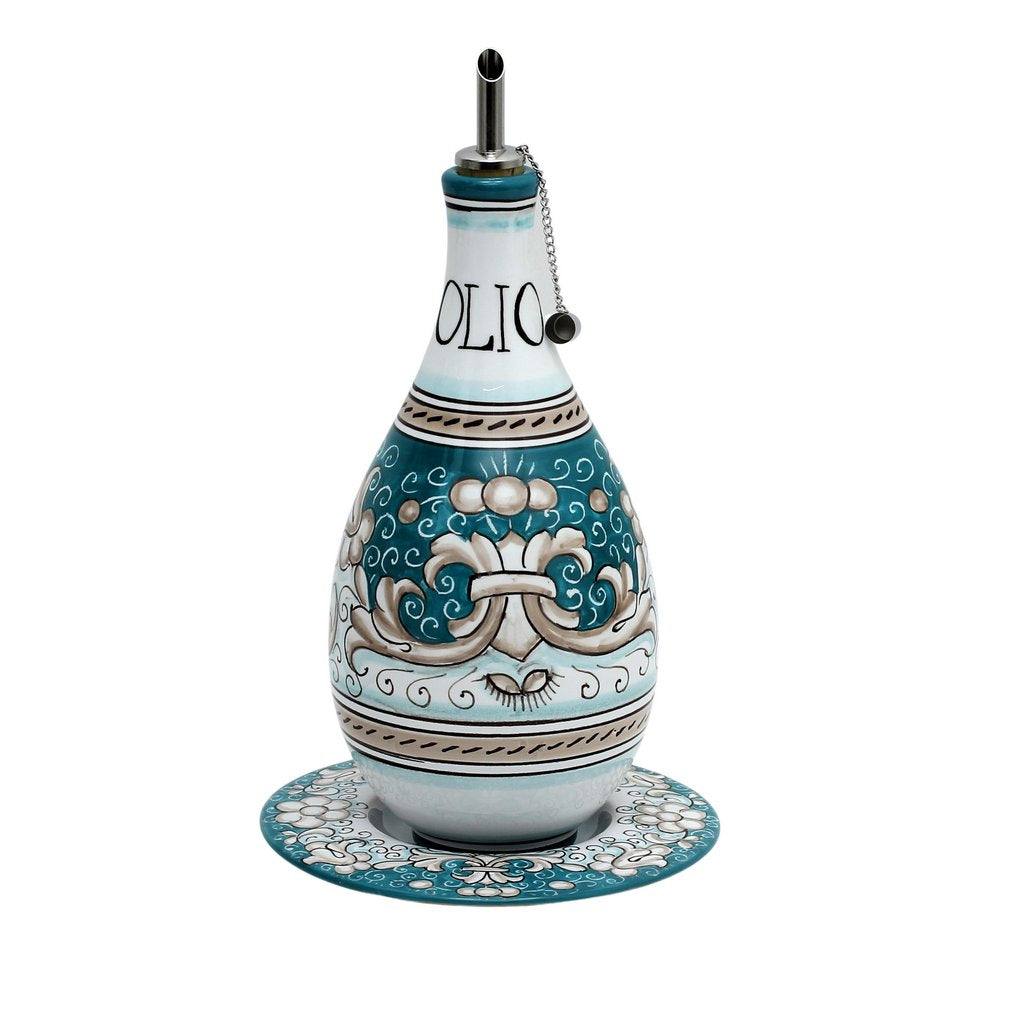 DERUTA COLORI: Traditional Olive Oil Bottle with pourer AQUA/TEAL Color - tops-selection.shop