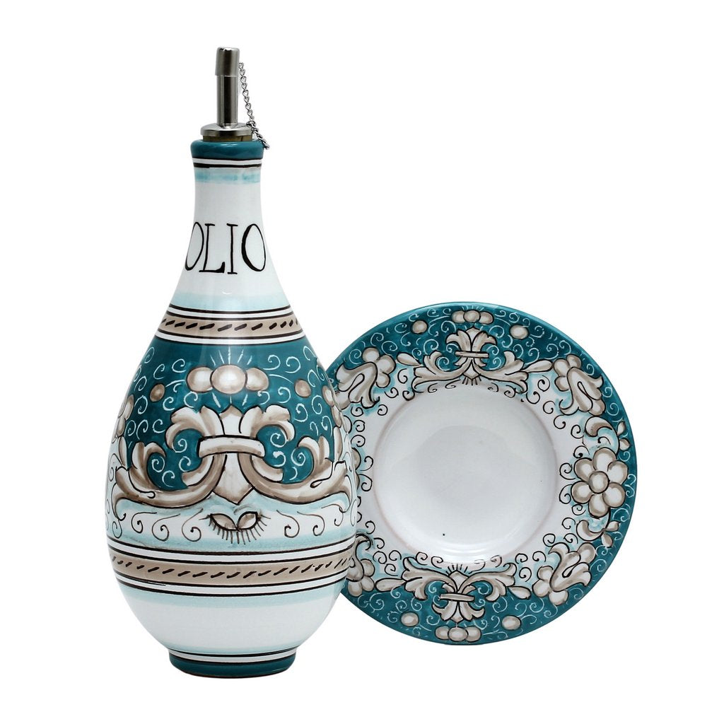 DERUTA COLORI: Traditional Olive Oil Bottle with pourer AQUA/TEAL Color - tops-selection.shop