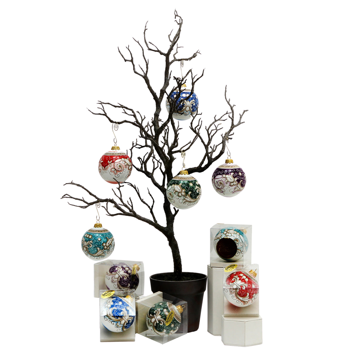 CHRISTMAS ORNAMENT: Deruta Vario Deluxe Round Ball  (3" Ø) - BLUE ANTICO - tops-selection.shop