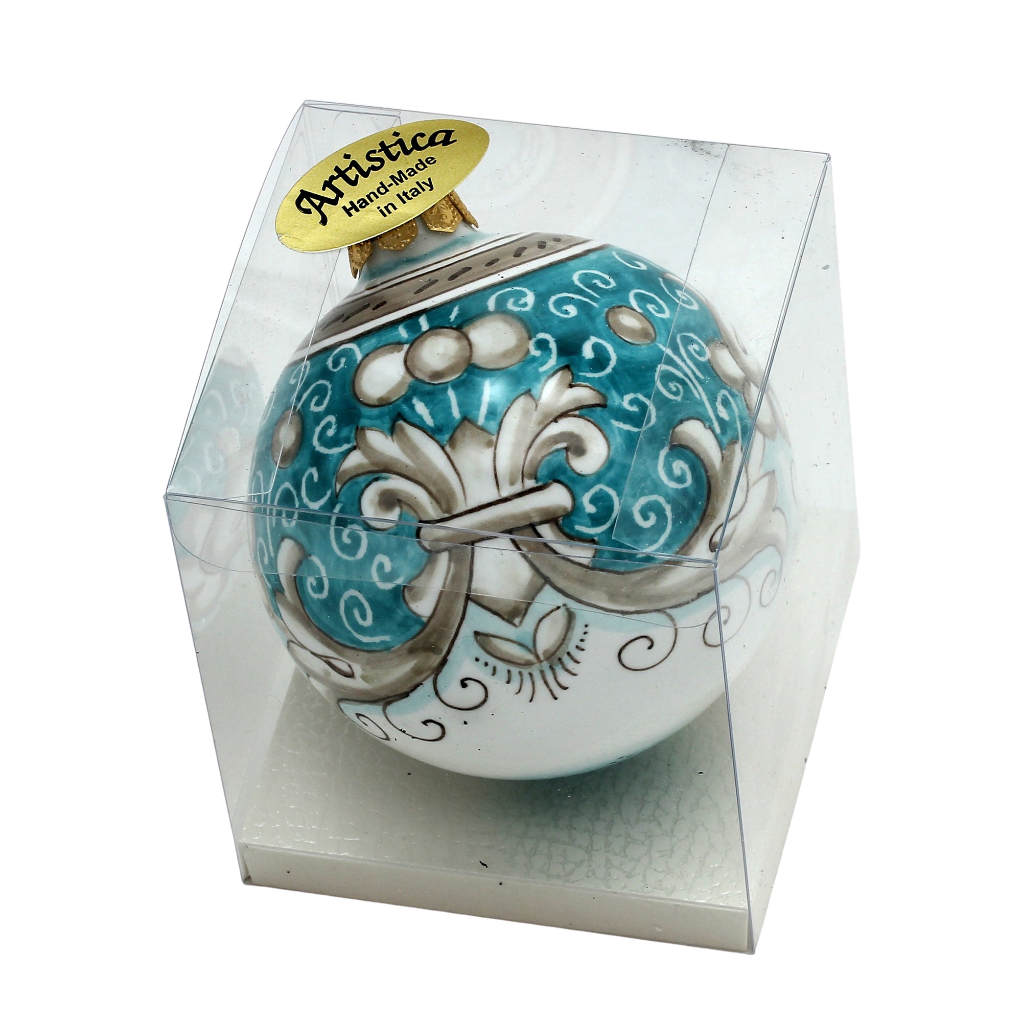 CHRISTMAS ORNAMENT: Deruta Vario Deluxe Round Ball (3" Ø) -  AQUAMARINE TEAL - tops-selection.shop