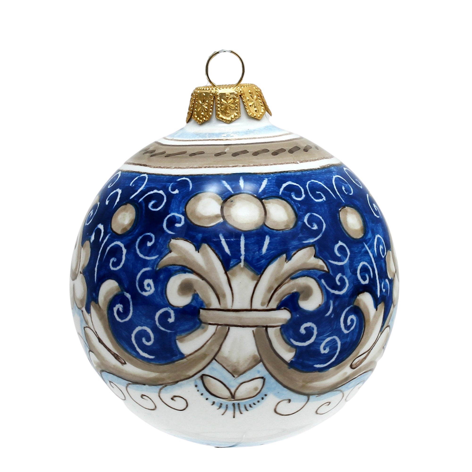 CHRISTMAS ORNAMENT: Deruta Vario Deluxe Round Ball  (3" Ø) - BLUE ANTICO - tops-selection.shop
