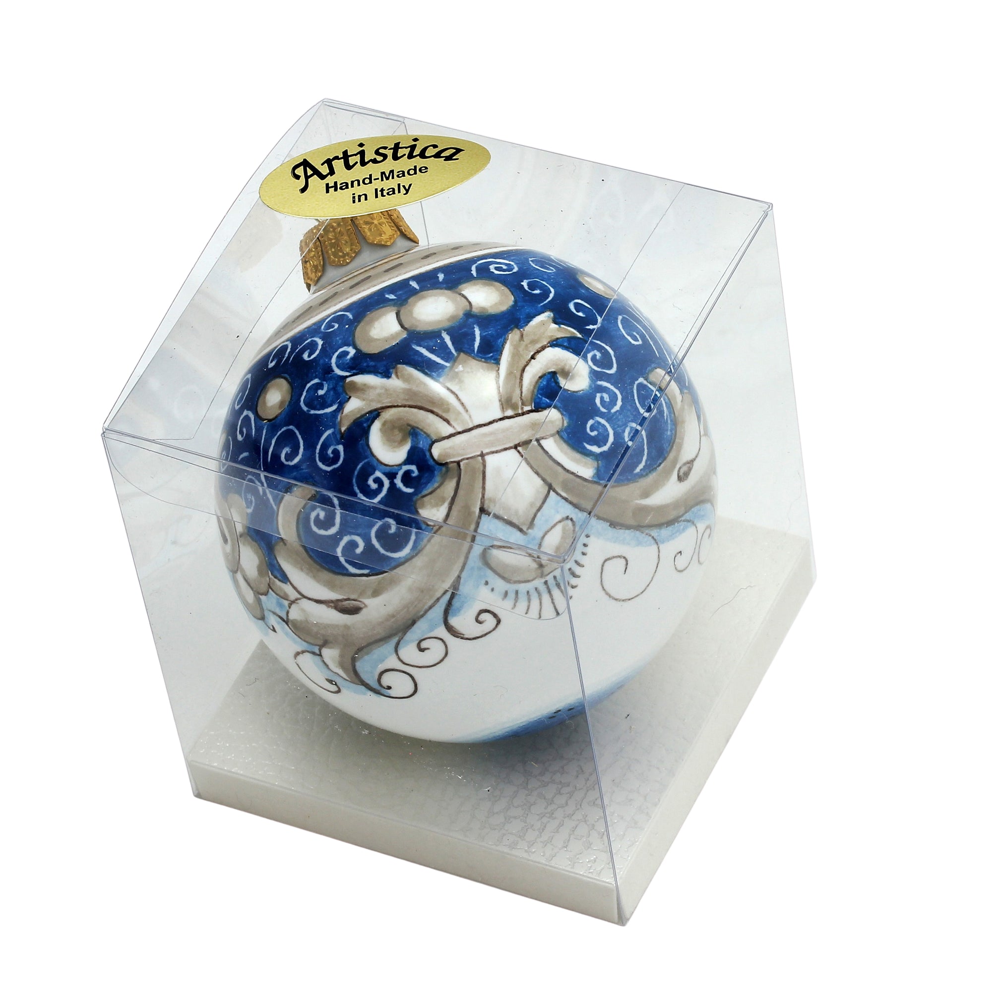 CHRISTMAS ORNAMENT: Deruta Vario Deluxe Round Ball  (3" Ø) - BLUE ANTICO - tops-selection.shop