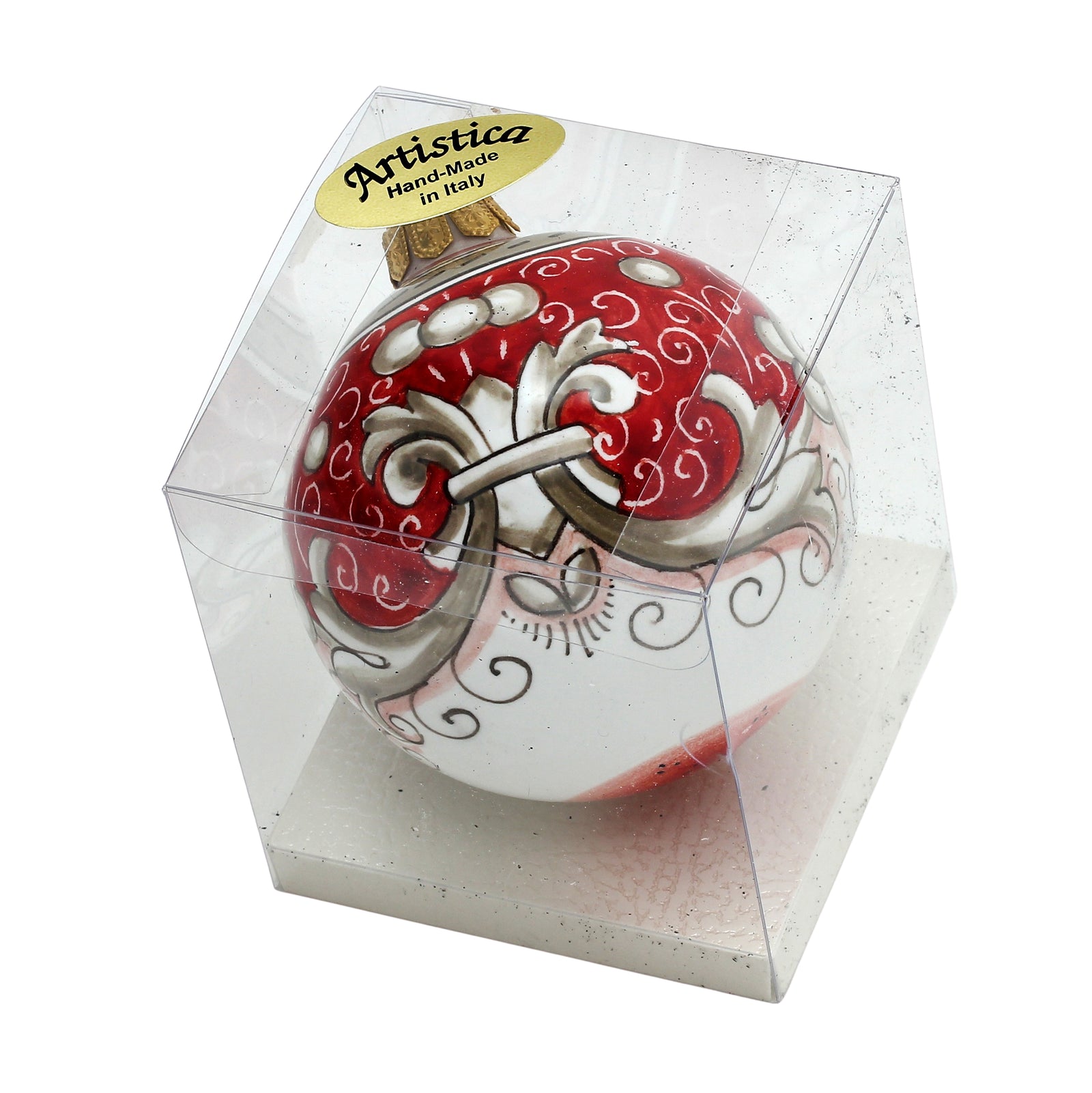 CHRISTMAS ORNAMENT: Deruta Vario Deluxe Round Ball (3" Ø) - CORAL RED - tops-selection.shop