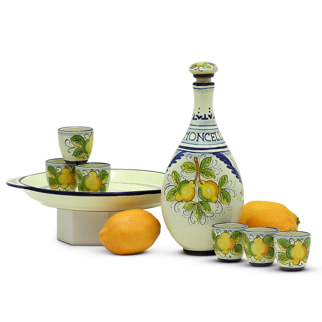 LIMONCELLO: Limoncello Set with Blue trimmings (Bottle with stopper and Tray and 6 Shot Glasses) - tops-selection.shop