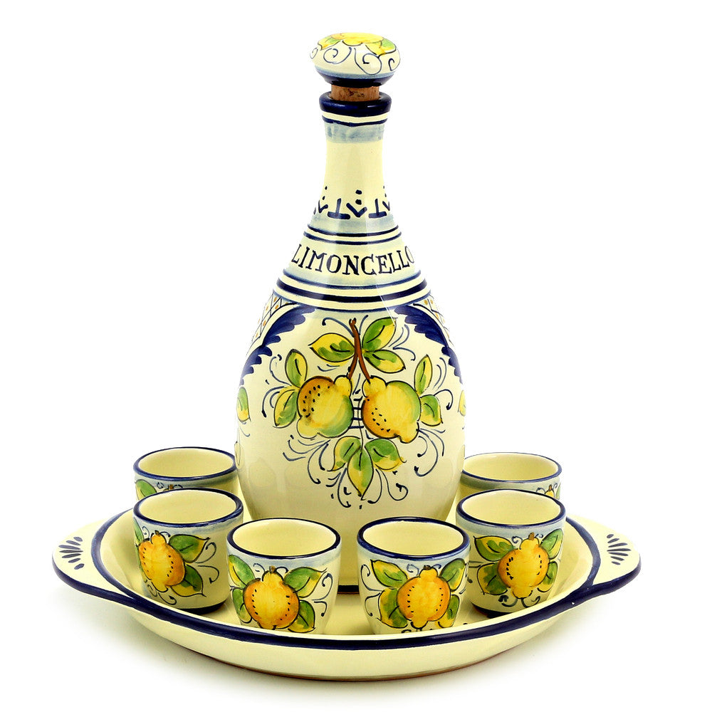 LIMONCELLO: Limoncello Set with Blue trimmings (Bottle with stopper and Tray and 6 Shot Glasses) - tops-selection.shop