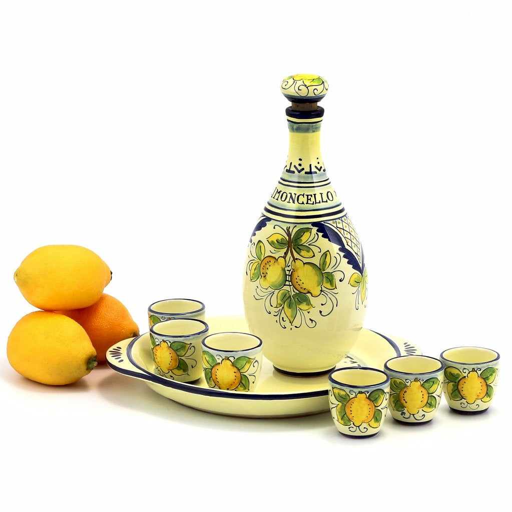 LIMONCELLO: Limoncello Set with Blue trimmings (Bottle with stopper and Tray and 6 Shot Glasses) - tops-selection.shop