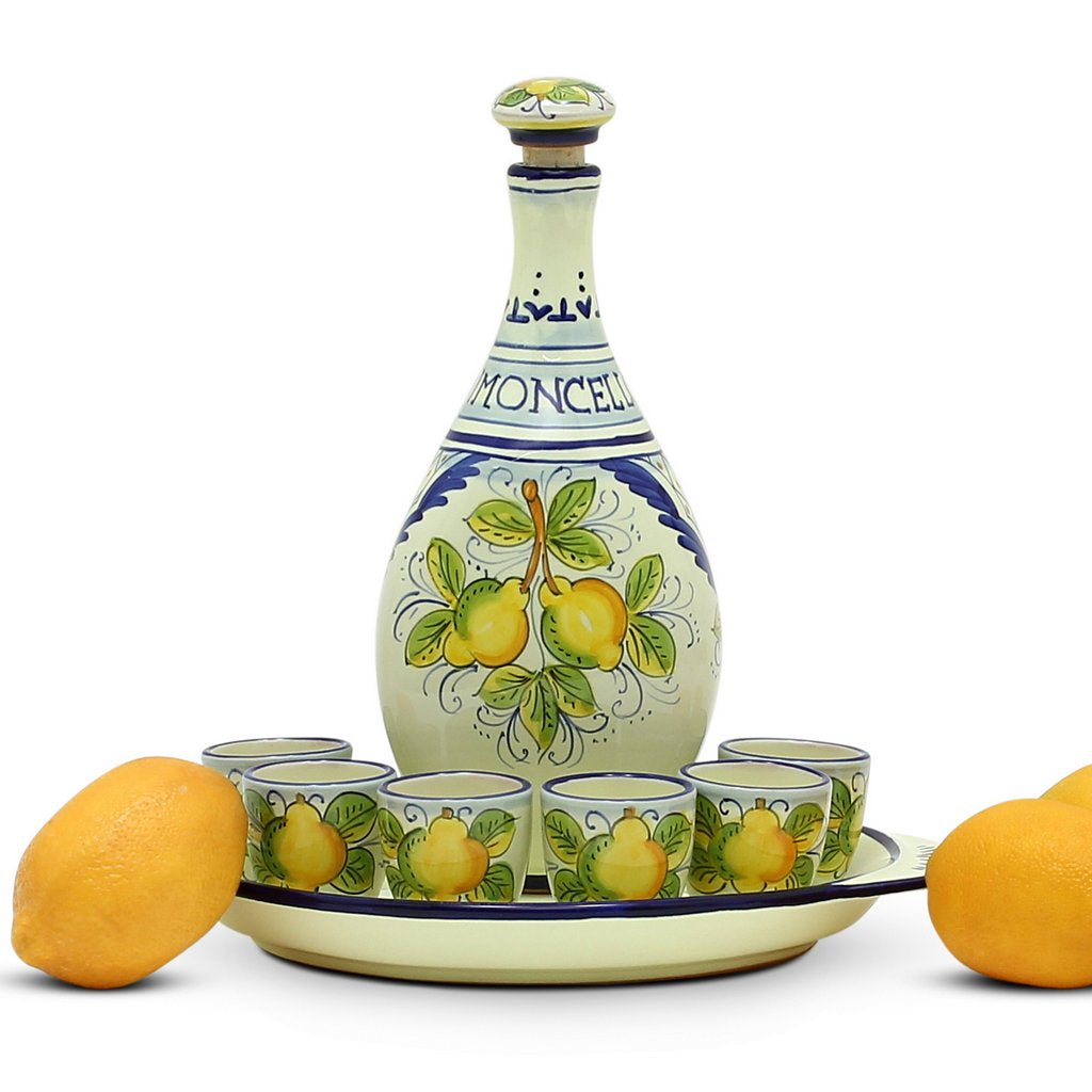 LIMONCELLO: Limoncello Set with Blue trimmings (Bottle with stopper and Tray and 6 Shot Glasses) - tops-selection.shop