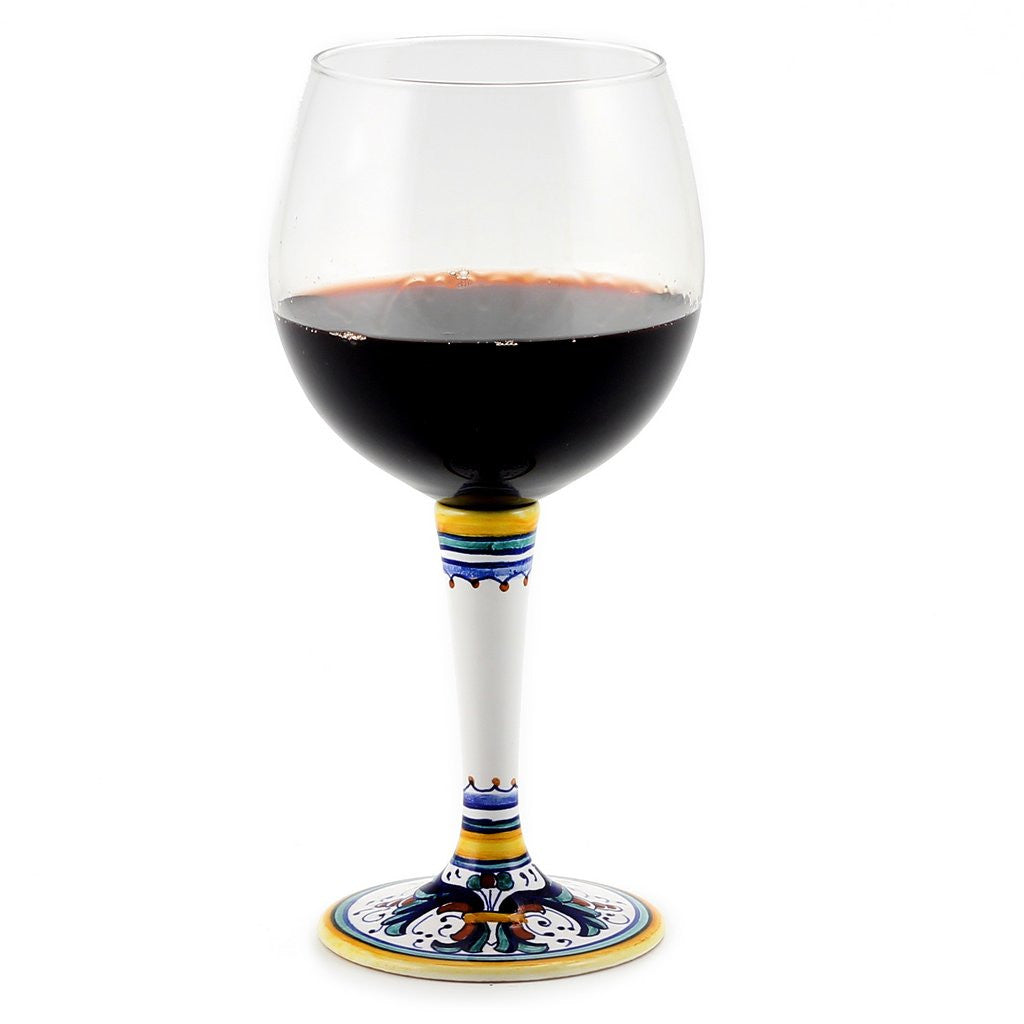 DERUTA STEMWARE: Burgundy Balloon Glass on Hand Painted Ceramic Base RICCO DERUTA Design - tops-selection.shop