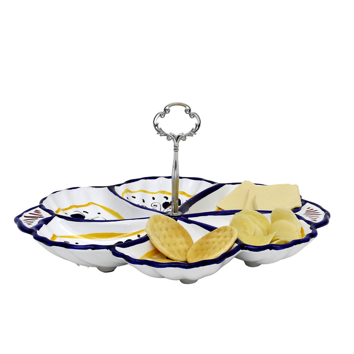 ORVIETO BLUE ROOSTER: Handled Tidbit Snack Tray Fiore/Shell server - Six Compartments - tops-selection.shop