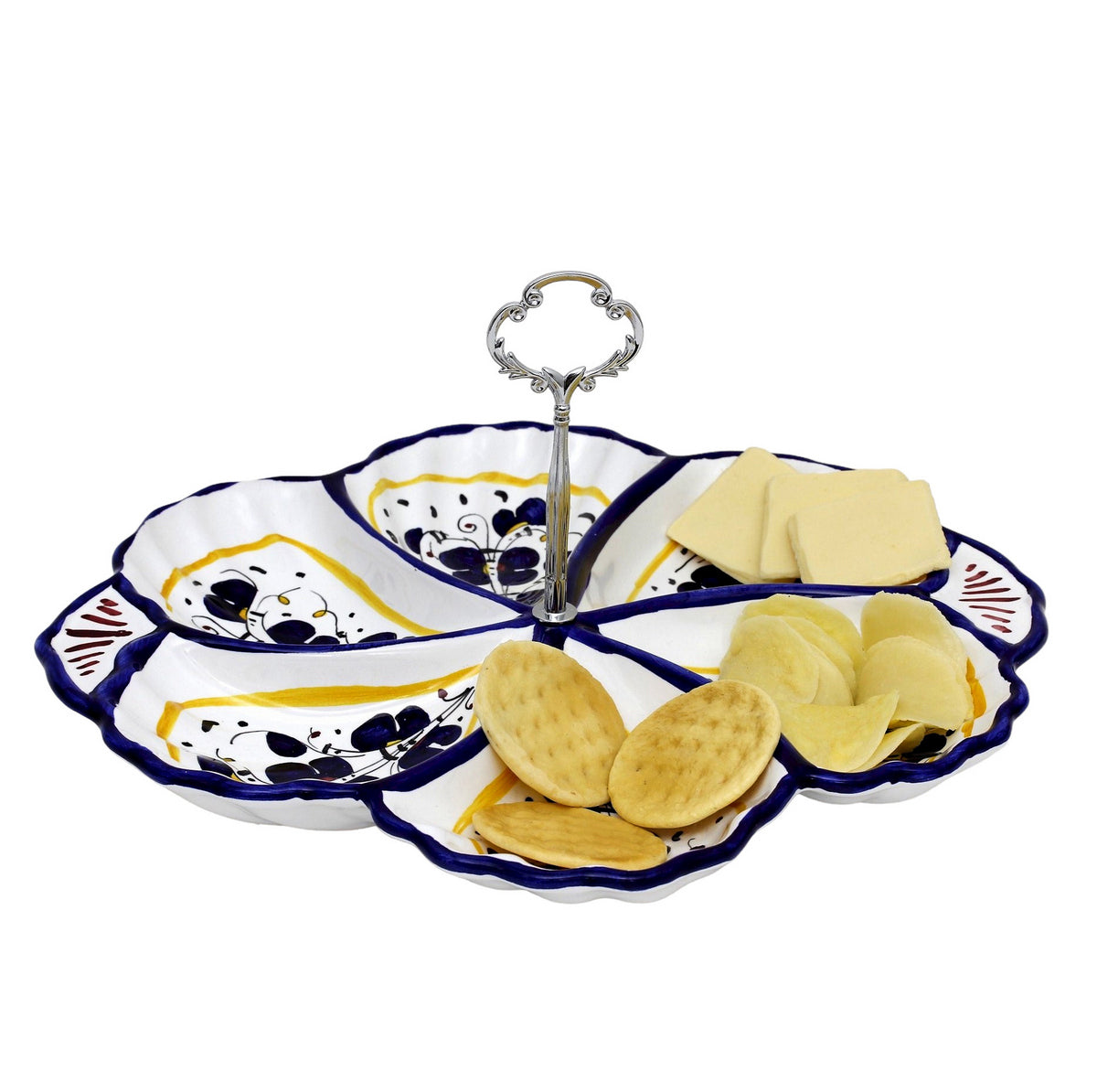 ORVIETO BLUE ROOSTER: Handled Tidbit Snack Tray Fiore/Shell server - Six Compartments - tops-selection.shop