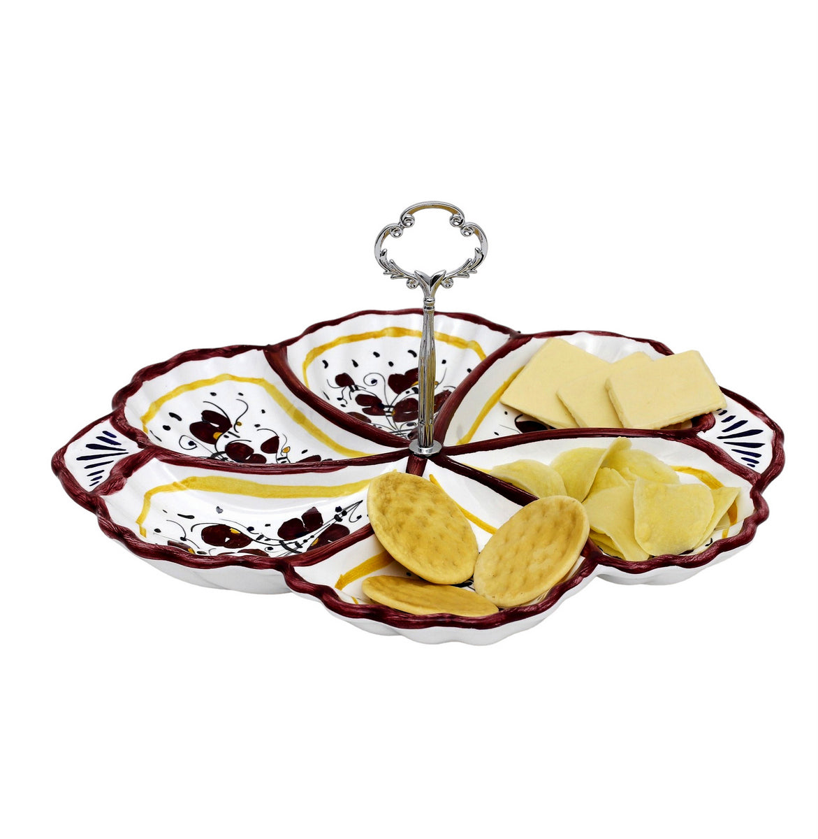 ORVIETO RED ROOSTER: Handled Tidbit Snack Tray Fiore/Shell server - Six Compartments - tops-selection.shop