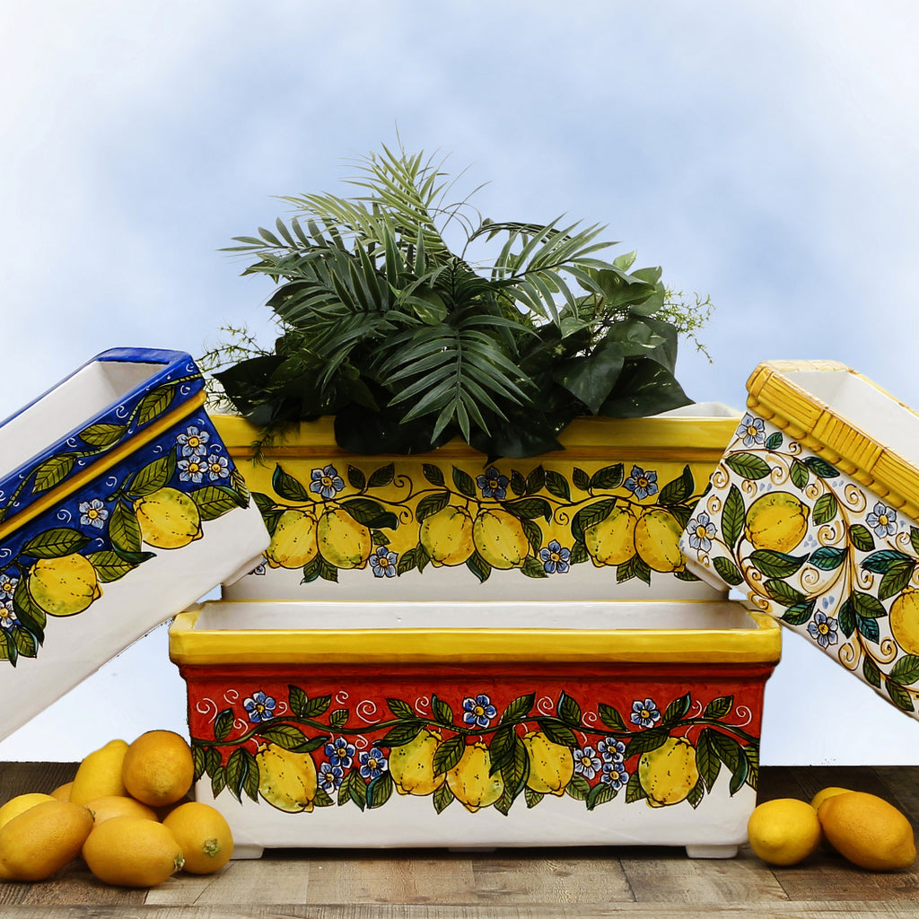 SICILIA: Rectangular Jardiniere from Caltagirone Sicily (Indoor-Outdoor) - YELLOW Lemon Design - tops-selection.shop