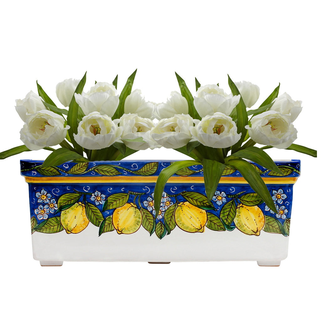 SICILIA: Rectangular Jardiniere from Caltagirone Sicily (Indoor-Outdoor) - BLUE Lemon Design - tops-selection.shop