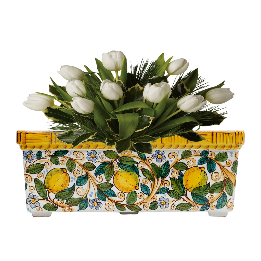 SICILIA: Rectangular Jardiniere from Caltagirone Sicily (Indoor-Outdoor) - Lemon Design - tops-selection.shop