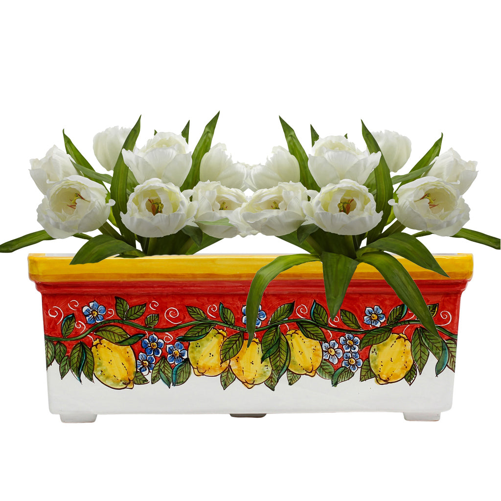 SICILIA: Rectangular Jardiniere from Caltagirone Sicily (Indoor-Outdoor) - RED Lemon Design - tops-selection.shop