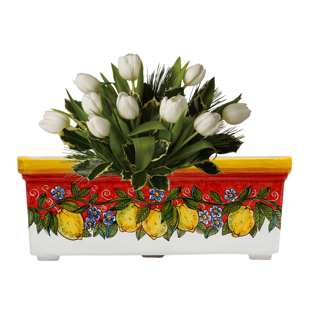 SICILIA: Rectangular Jardiniere from Caltagirone Sicily (Indoor-Outdoor) - RED Lemon Design - tops-selection.shop