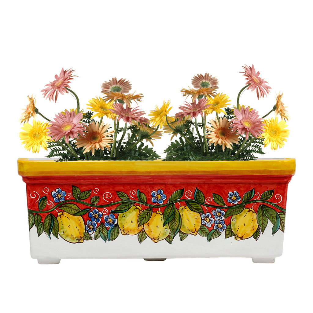 SICILIA: Rectangular Jardiniere from Caltagirone Sicily (Indoor-Outdoor) - RED Lemon Design - tops-selection.shop