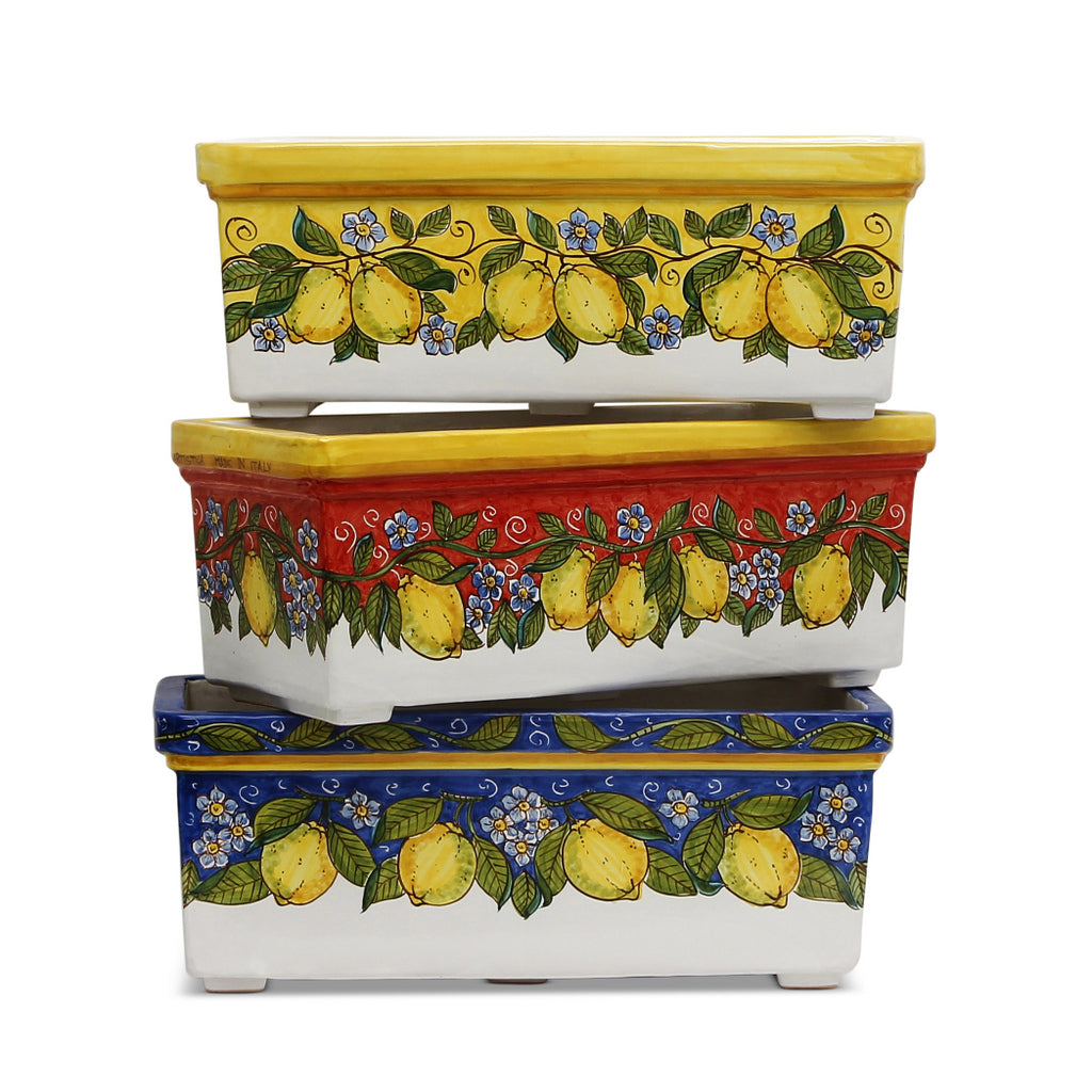 SICILIA: Rectangular Jardiniere from Caltagirone Sicily (Indoor-Outdoor) - YELLOW Lemon Design - tops-selection.shop