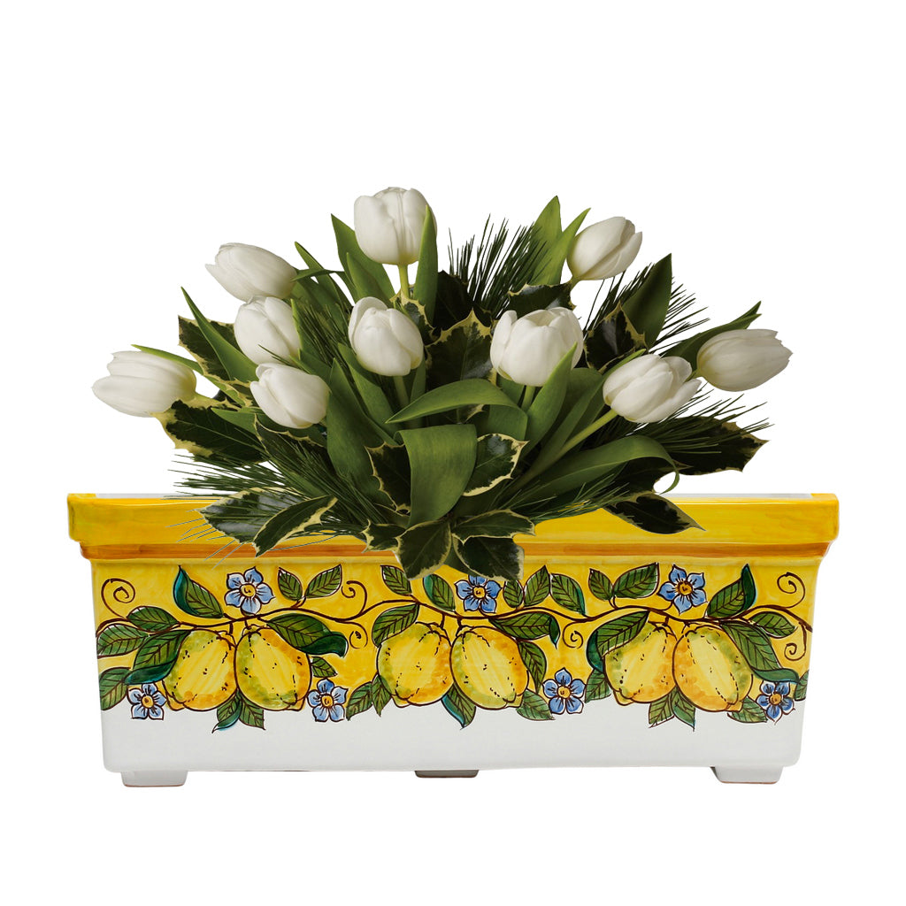 SICILIA: Rectangular Jardiniere from Caltagirone Sicily (Indoor-Outdoor) - YELLOW Lemon Design - tops-selection.shop