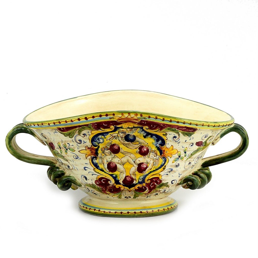 MAJOLICA MEDICI: Oblong Footed centerpiece bowl w two handles and DeMedici Crest - tops-selection.shop