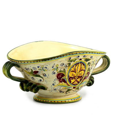 MAJOLICA MEDICI: Oblong Footed centerpiece bowl w two handles and DeMedici Crest - tops-selection.shop