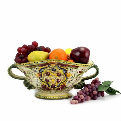 MAJOLICA MEDICI: Oblong Footed centerpiece bowl w two handles and DeMedici Crest - tops-selection.shop