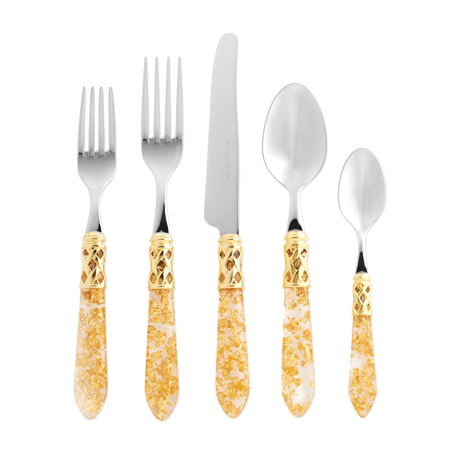 VIETRI: Aladdin Five Piece Place Setting GOLD FLECK with GOLD Plated Lattice - tops-selection.shop