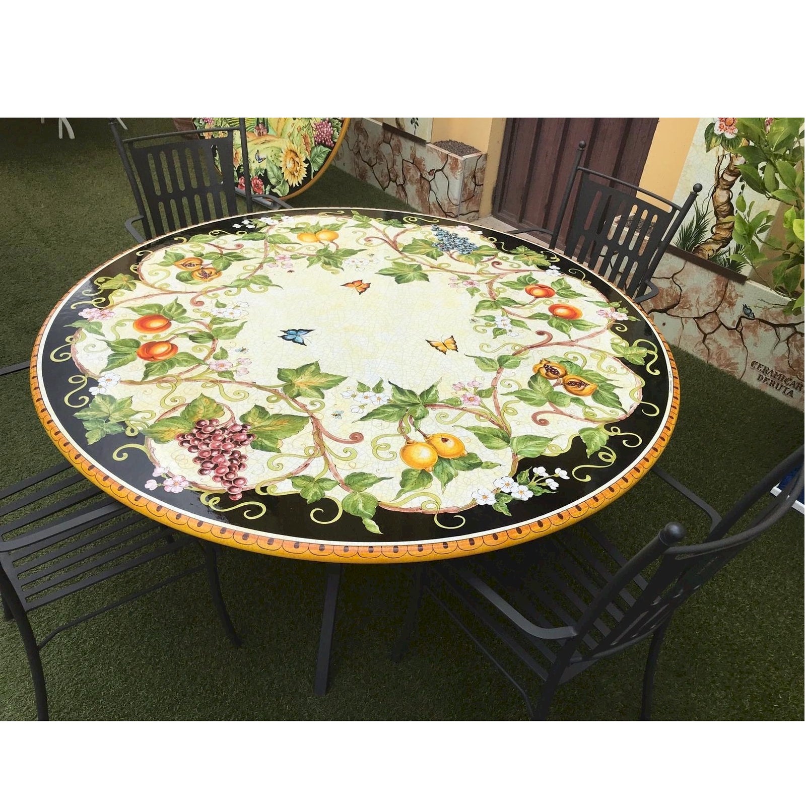 CERAMIC STONE TABLE + IRON BASE: BEVAGNA Design^ - Hand Painted in Deruta, Italy. - tops-selection.shop