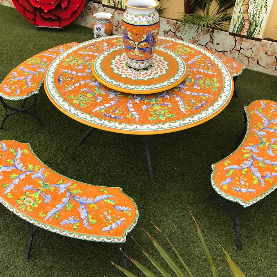 WROUGHT IRON BENCH WITH CERAMIC TOP: Large Curved model design (Seats Two) in Deruta, Italy. - tops-selection.shop