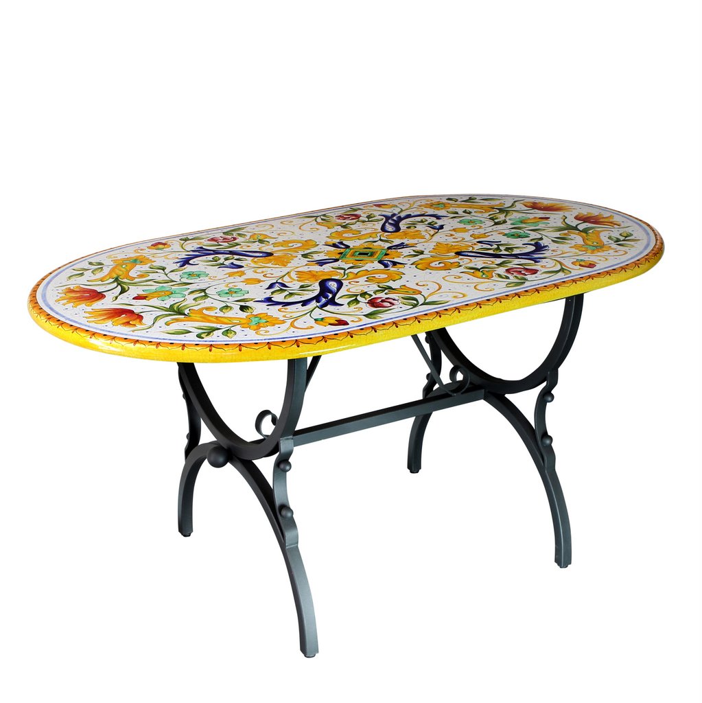 CERAMIC STONE TABLE + IRON BASE: PISA Design^ - Hand Painted in Deruta, Italy. - tops-selection.shop