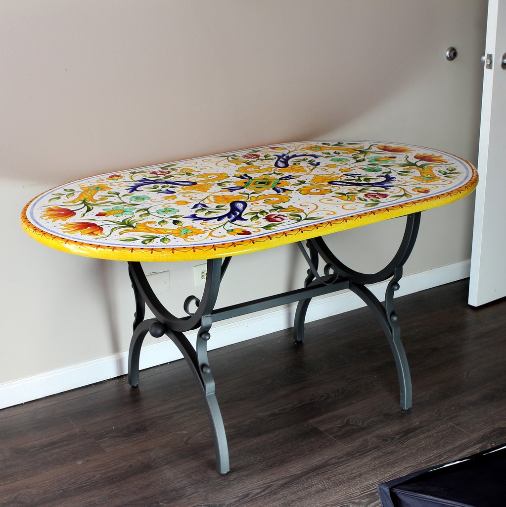 CERAMIC STONE TABLE + IRON BASE: PISA Design^ - Hand Painted in Deruta, Italy. - tops-selection.shop