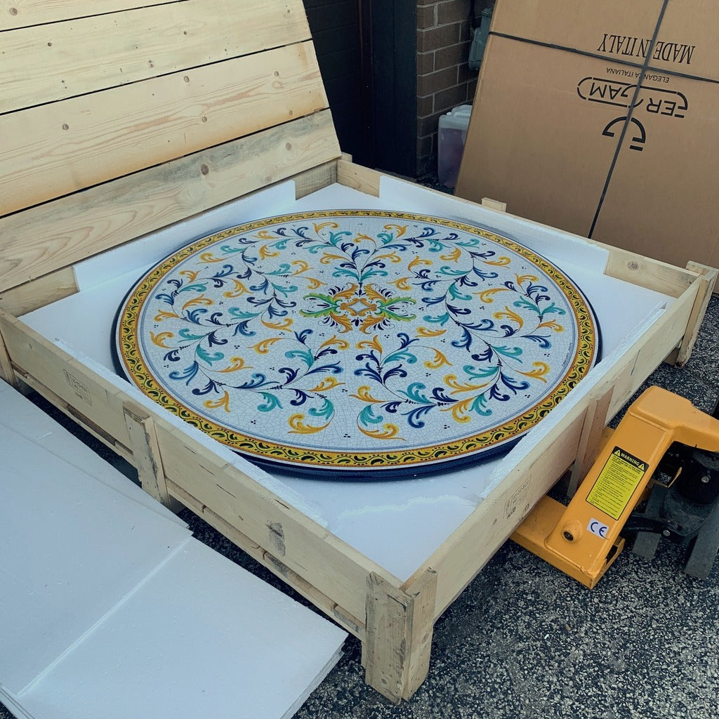 CERAMIC STONE TABLE + IRON BASE: SAN GIMIGNANO Design - Hand Painted in Deruta, Italy. - tops-selection.shop