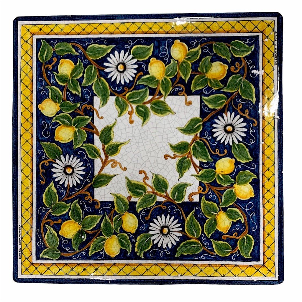 CERAMIC STONE TABLE + IRON BASE: SALERNO Design^ - Hand Painted in Deruta, Italy. - tops-selection.shop