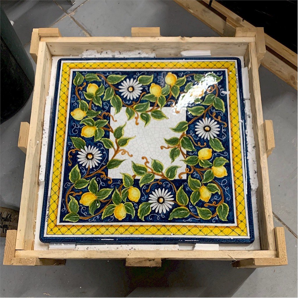 CERAMIC STONE TABLE + IRON BASE: SALERNO Design^ - Hand Painted in Deruta, Italy. - tops-selection.shop