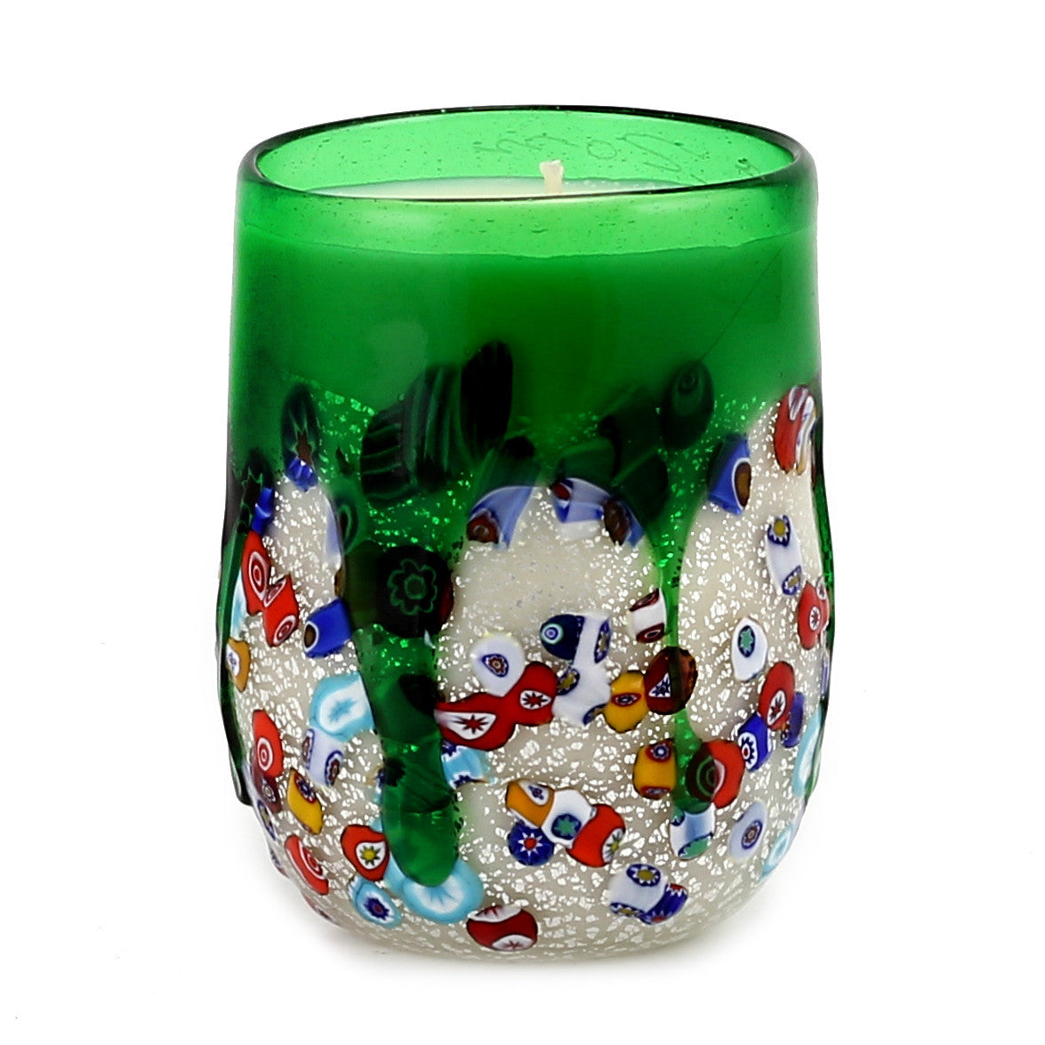 MURANO CANDLE: Authentic Murano Glass Tumbler in GREEN Murrina Style (15 Oz.) - tops-selection.shop