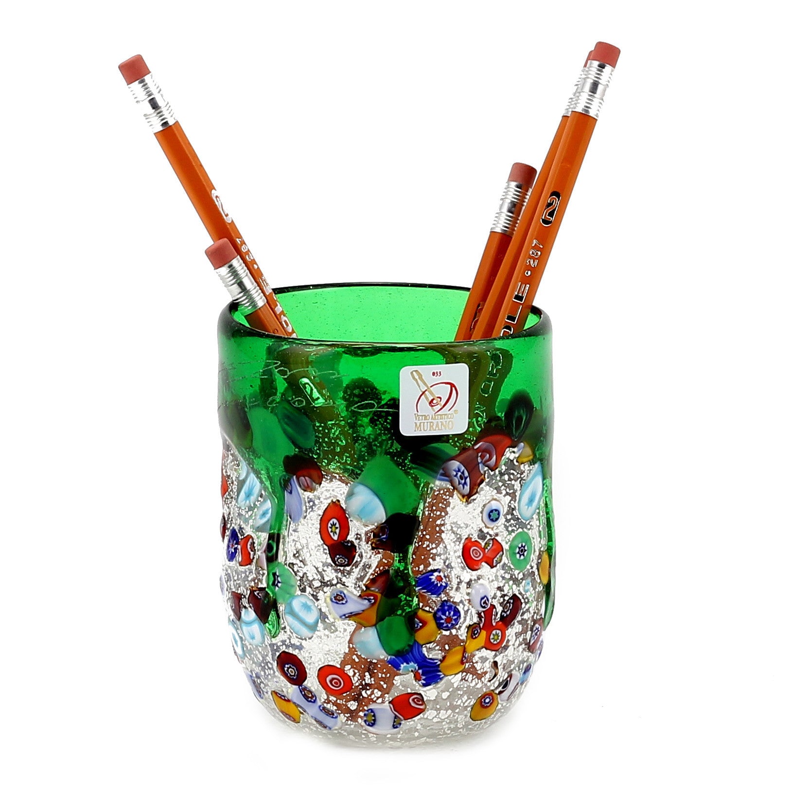 MURANO CANDLE: Authentic Murano Glass Tumbler in GREEN Murrina Style (15 Oz.) - tops-selection.shop