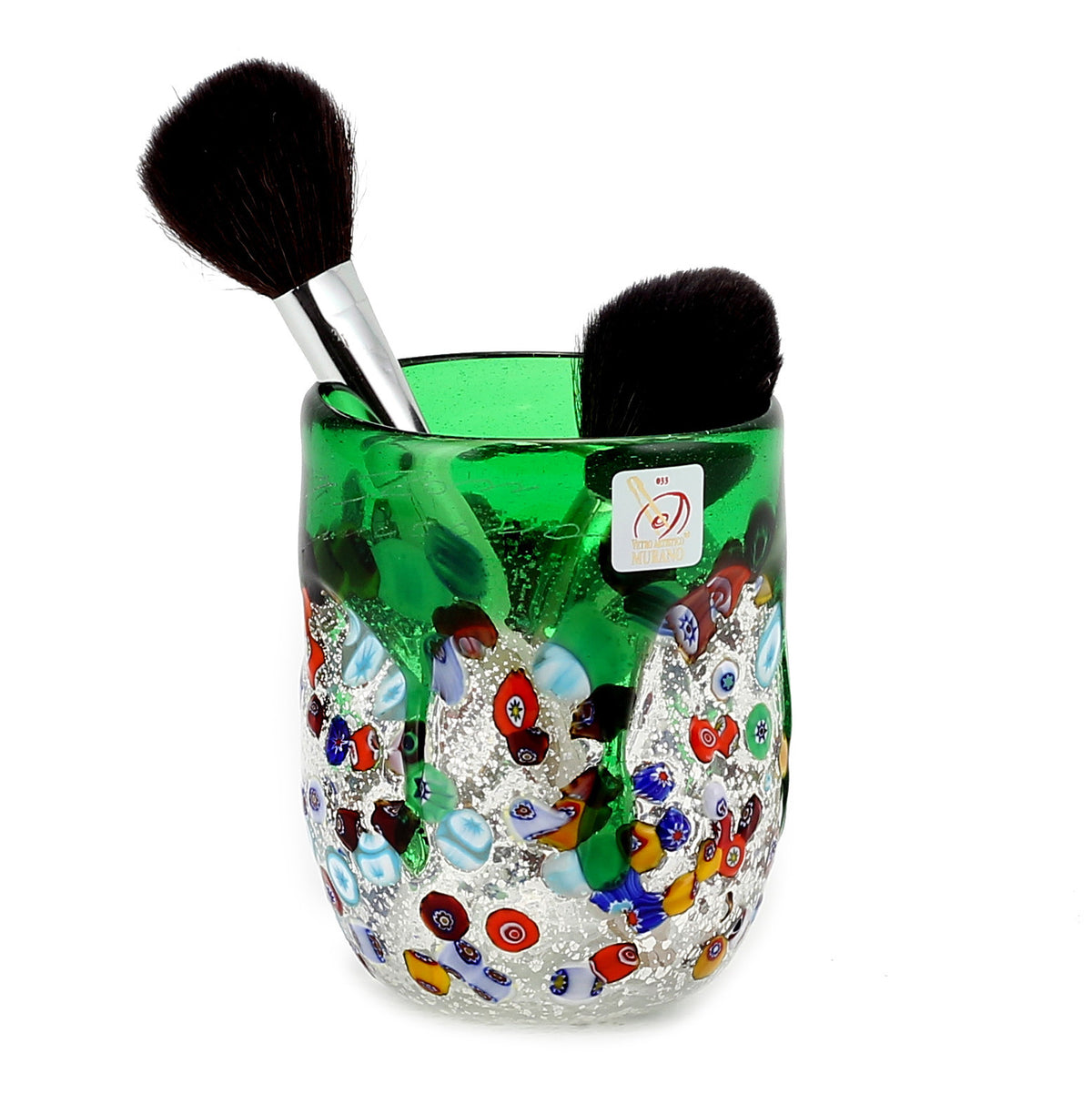 MURANO CANDLE: Authentic Murano Glass Tumbler in GREEN Murrina Style (15 Oz.) - tops-selection.shop