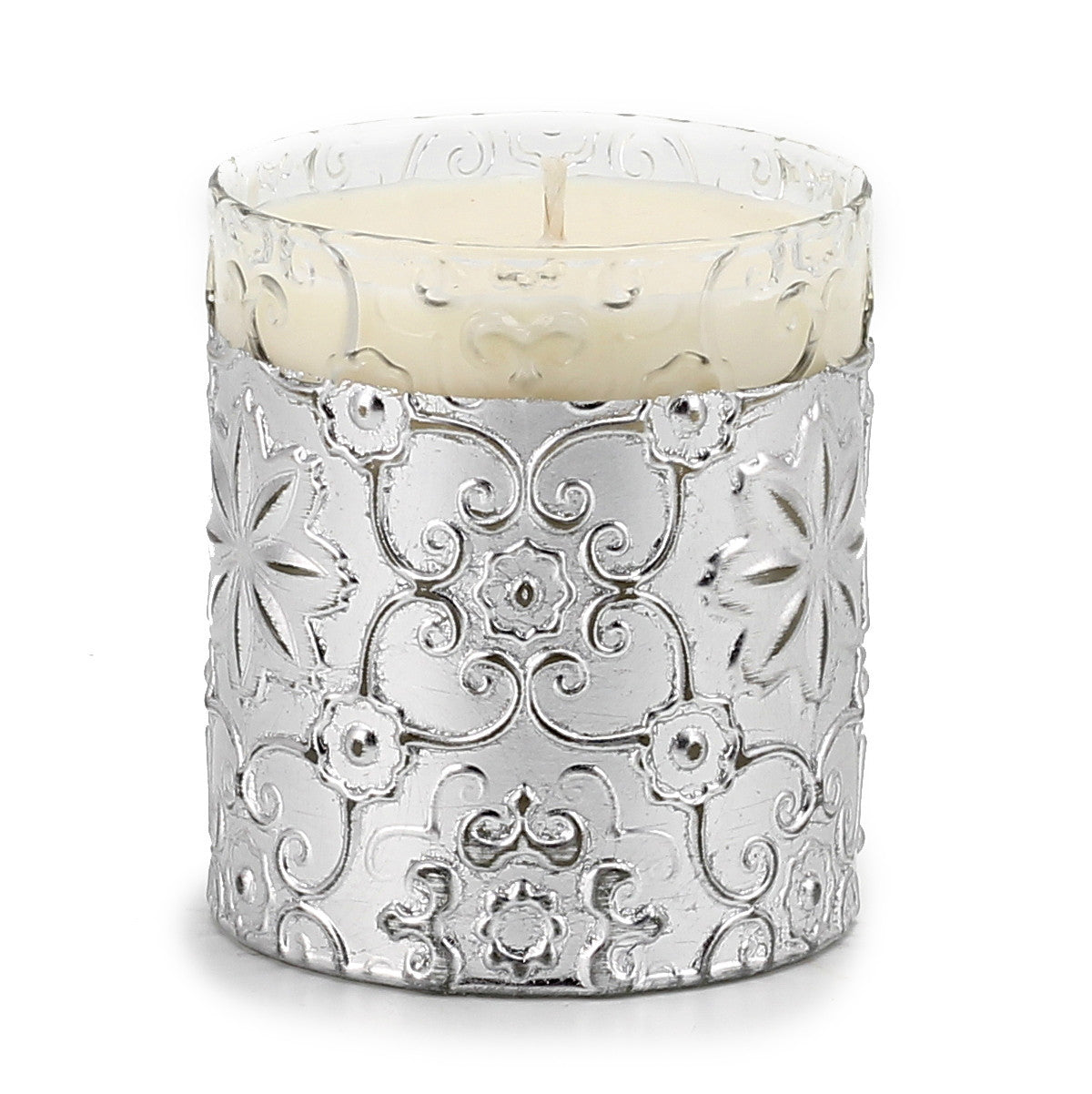 CRYSTAL CANDLES: Bass relief Design with Silver Leaf finish ~ (10 Oz) - tops-selection.shop
