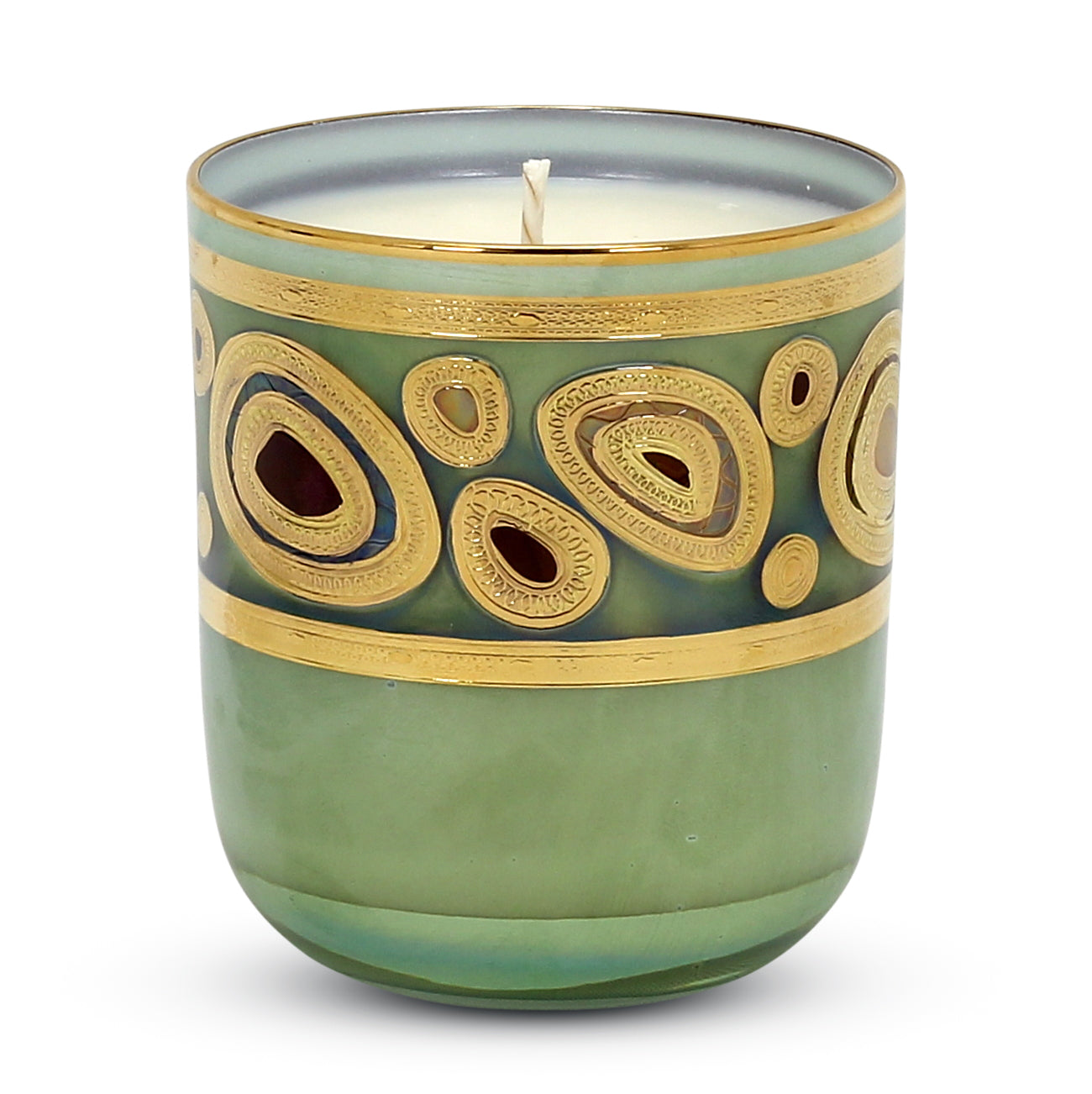 CRYSTAL CANDLES: Regalia Design candle with 14 Carats Gold finish Aqua Green glass ~ (10 Oz) - tops-selection.shop