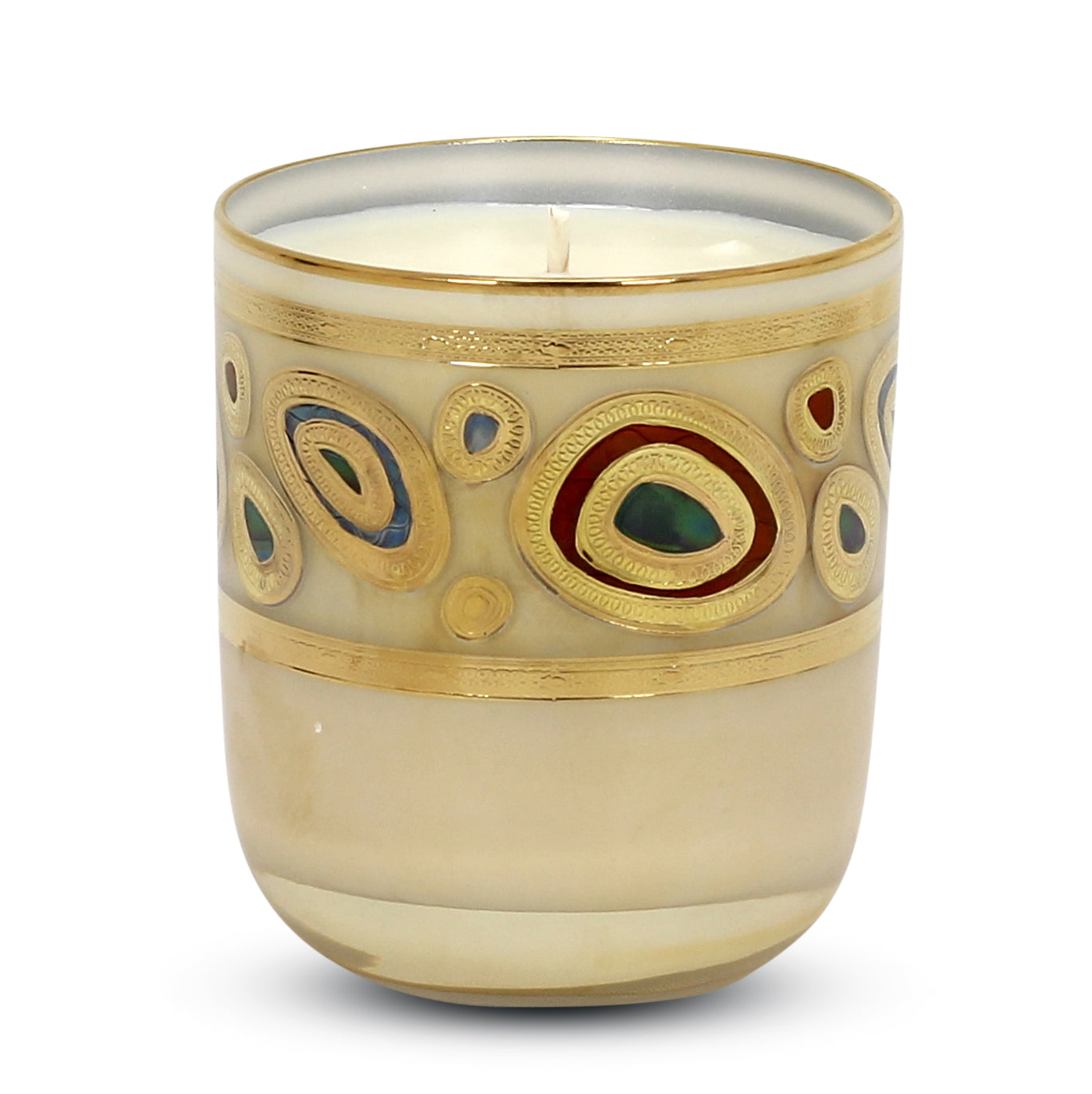 CRYSTAL CANDLES: Regalia Design candle with 14 Carats Gold finish Cream glass  ~ (10 Oz) - tops-selection.shop