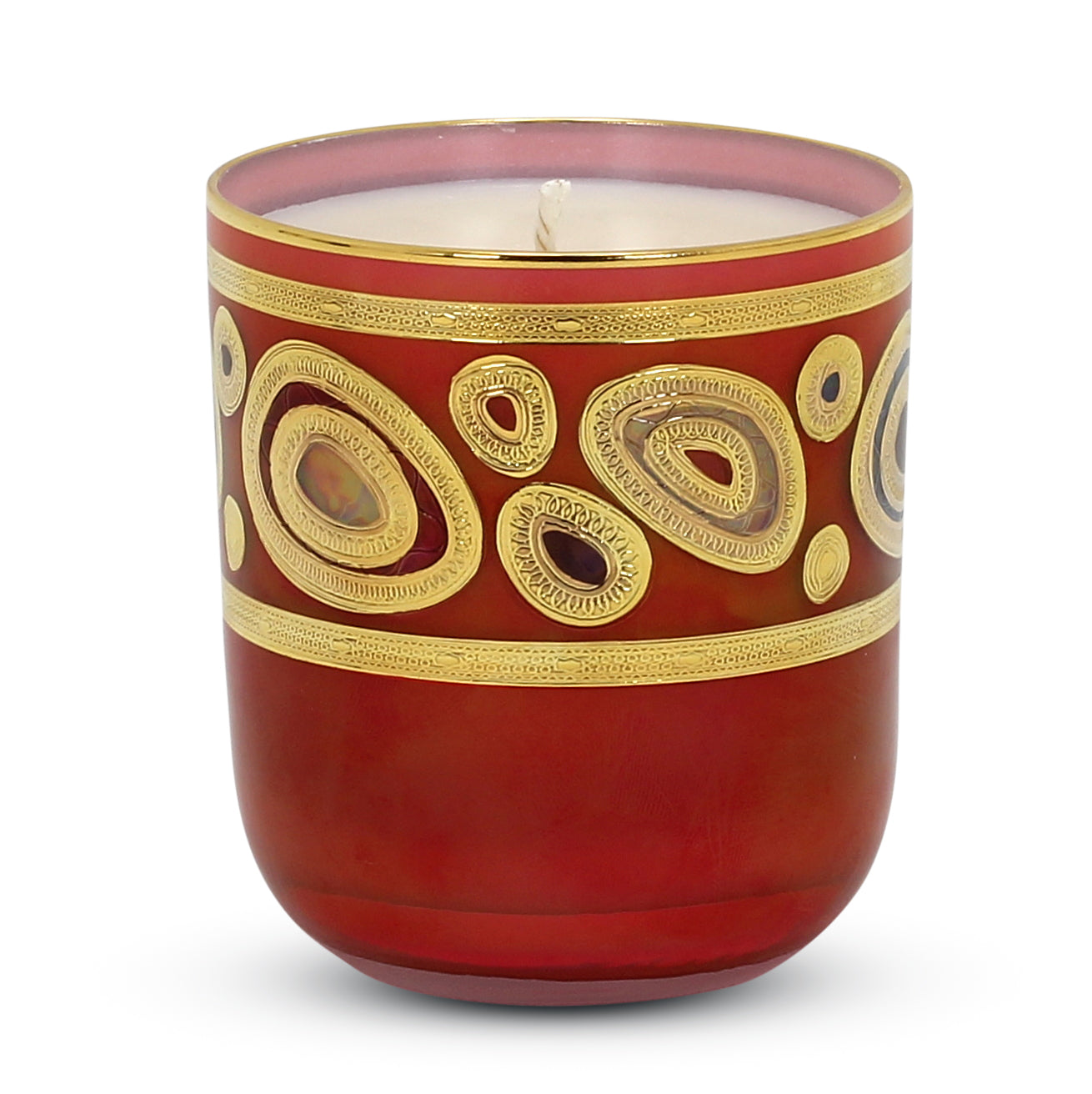 CRYSTAL CANDLES: Regalia Design candle with 14 Carats Gold finish Orange Glass  ~ (10 Oz) - tops-selection.shop