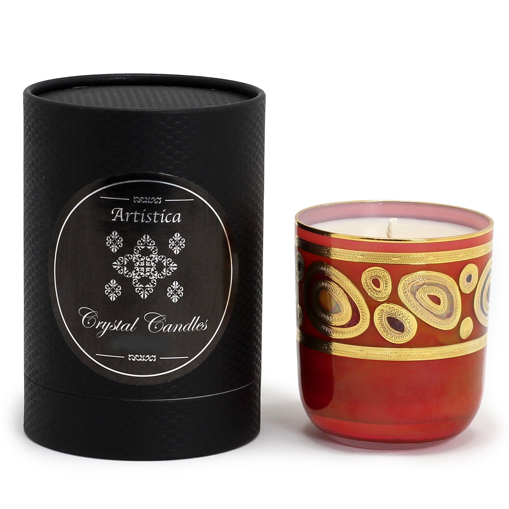 CRYSTAL CANDLES: Regalia Design candle with 14 Carats Gold finish Orange Glass  ~ (10 Oz) - tops-selection.shop