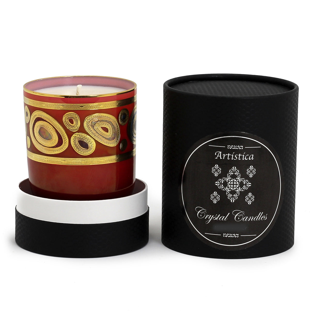 CRYSTAL CANDLES: Regalia Design candle with 14 Carats Gold finish Orange Glass  ~ (10 Oz) - tops-selection.shop