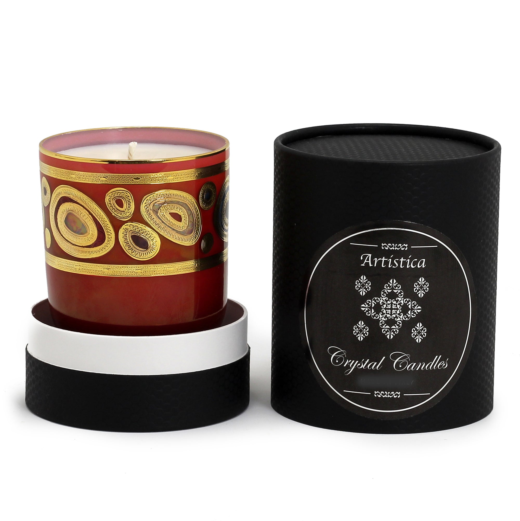 CRYSTAL CANDLES: Regalia Design candle with 14 Carats Gold finish Orange Glass  ~ (10 Oz) - tops-selection.shop