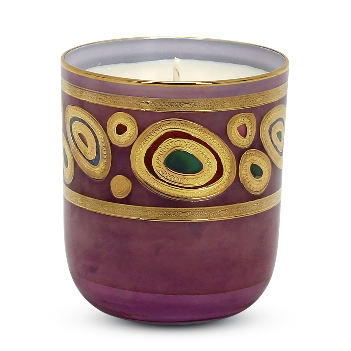 CRYSTAL CANDLES: Regalia Design candle with 14 Carats Gold finish Purple Glass  ~ (10 Oz) - tops-selection.shop